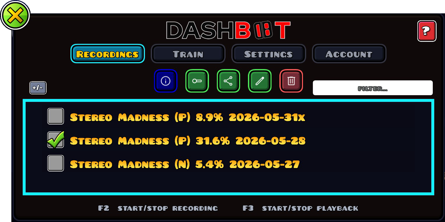 The DashBot recordings panel inside Geometry Dash