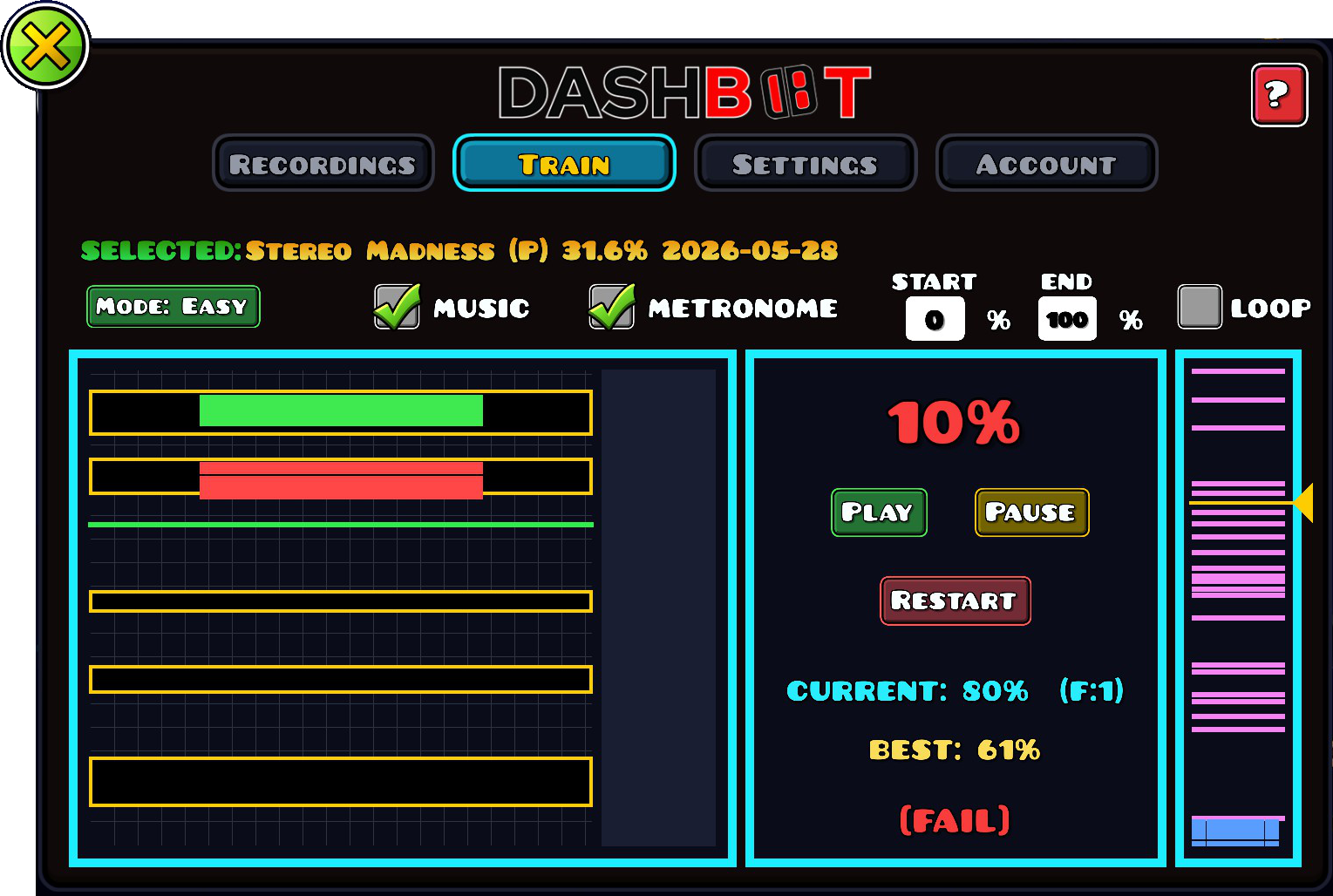 The DashBot Train tab: a scrolling note highway with music and metronome timing